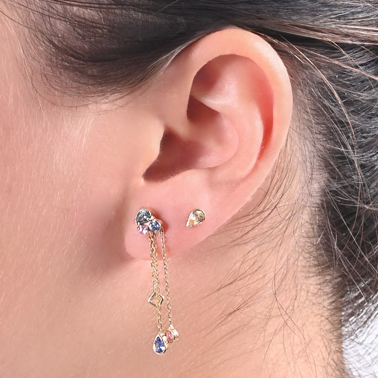 Yellow Pear Stud, Yellow Princess Short Dangle, Blue Pear Long Dangle, Pink Round Long Dangle, Green Pear + Blue + Pink Cluster Stud