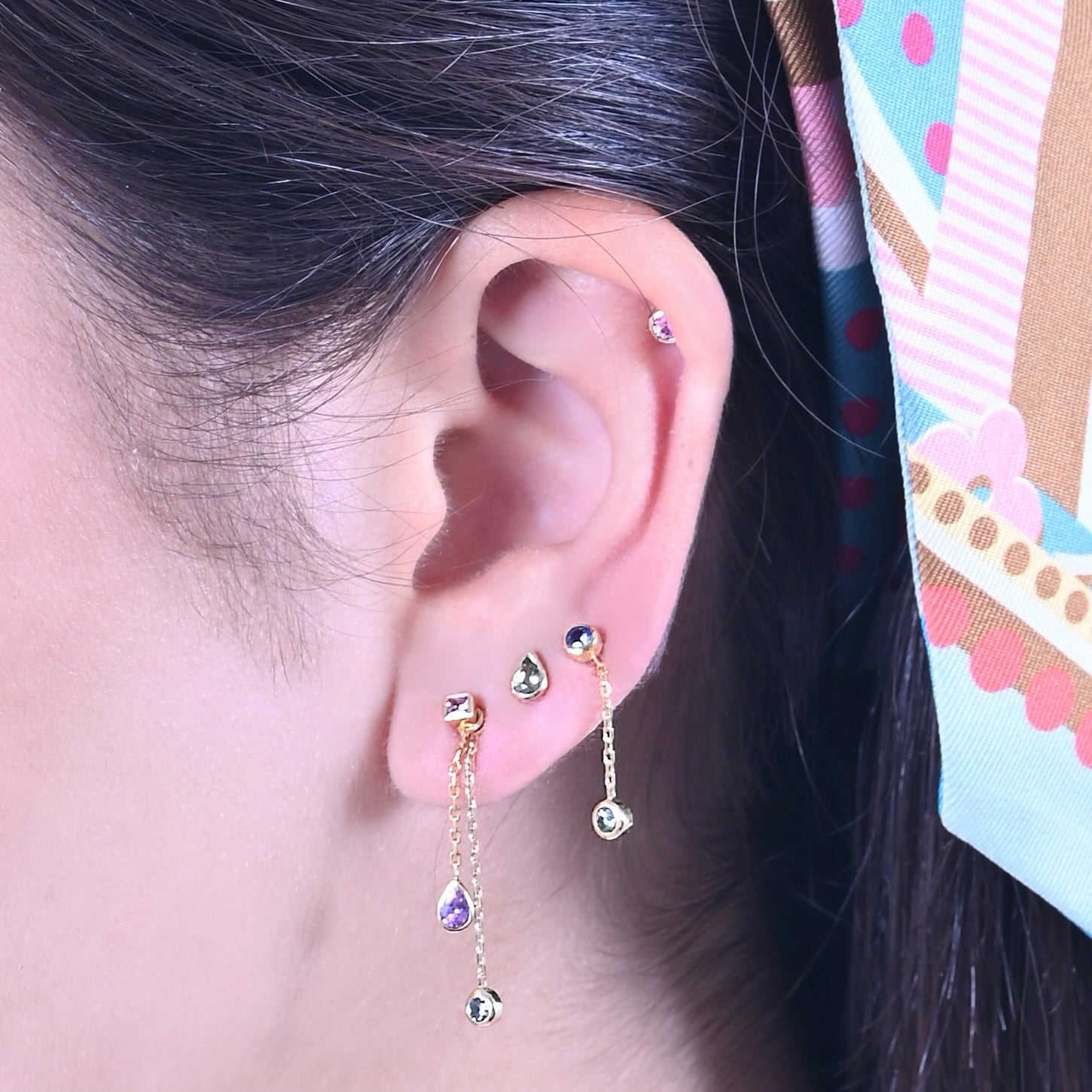Pink Round Stud, Blue Round Stud, Green Pear Stud, Pink Princess Stud, Green Round Short Dangle, Pink Pear Short Dangle